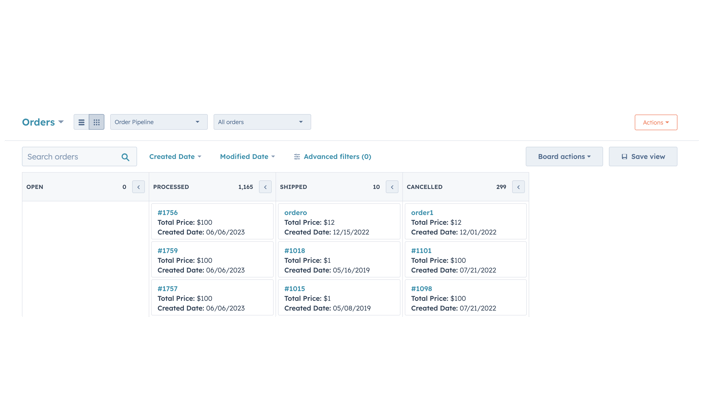 Leverage the default order pipeline to track the status of your Shopify orders.