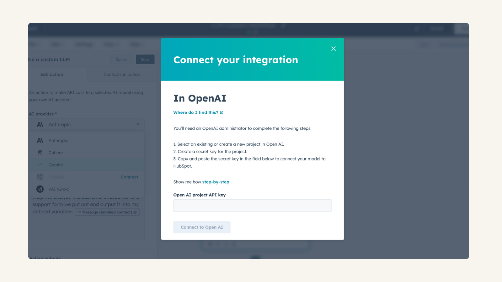 a screenshot of how to connect your OpenAI account to HubSpot custom workflow actions