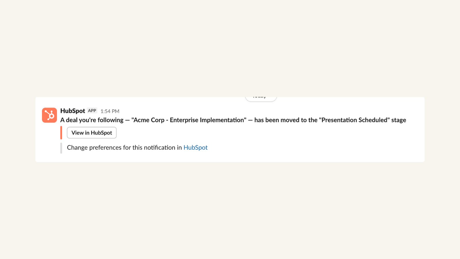 example of HubSpot notification in Slack
