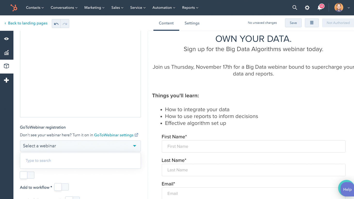 screenshot of registration form