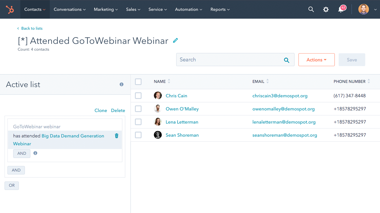 screenshot of registration list