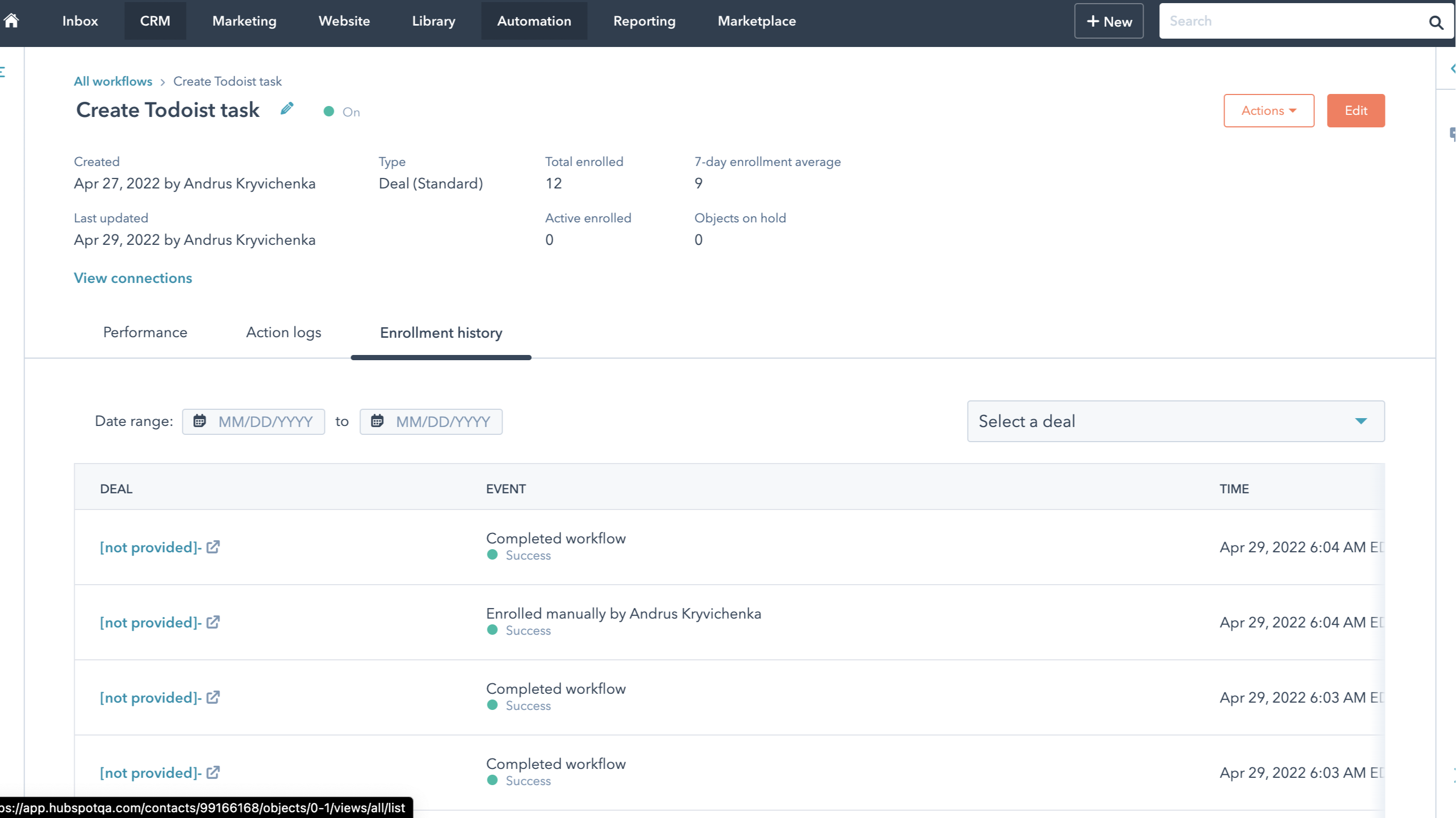 Track past Todoist tasks creation history in workflow history
