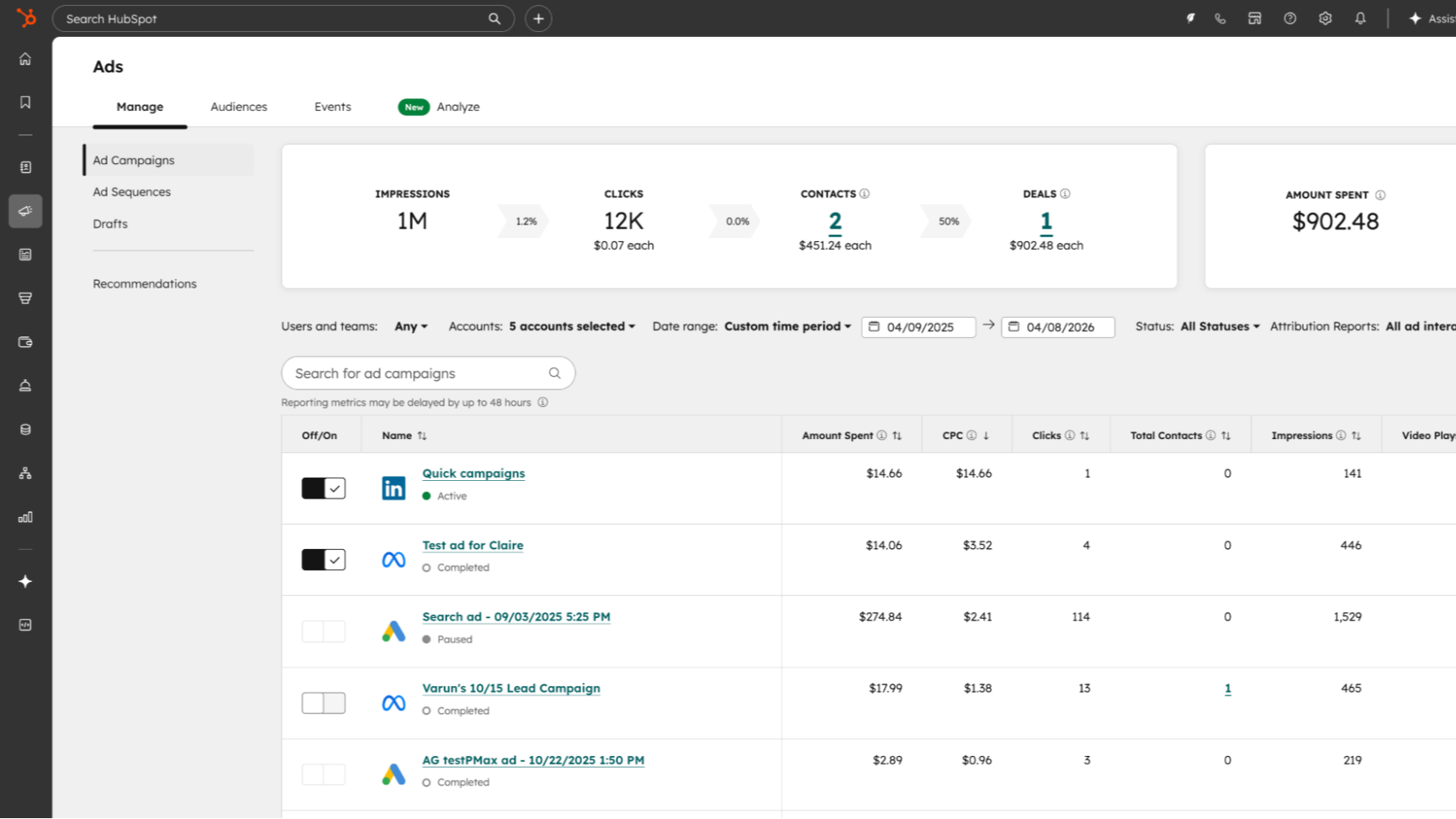 Manage Google Performance Max and Search ads in HubSpot alongside your other networks.