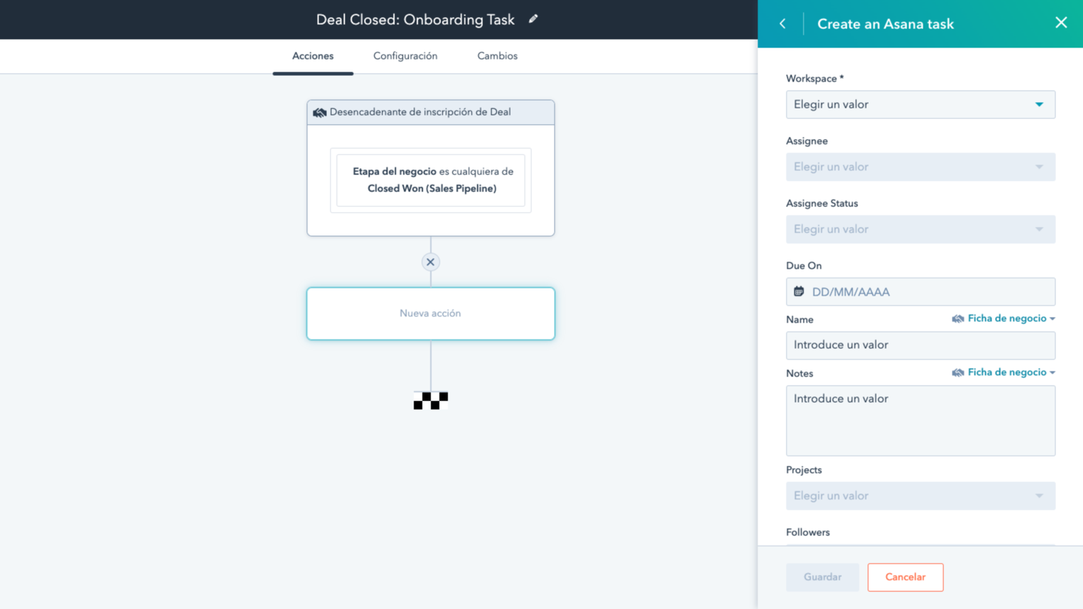 Tareas de Asana y workflows de HubSpot