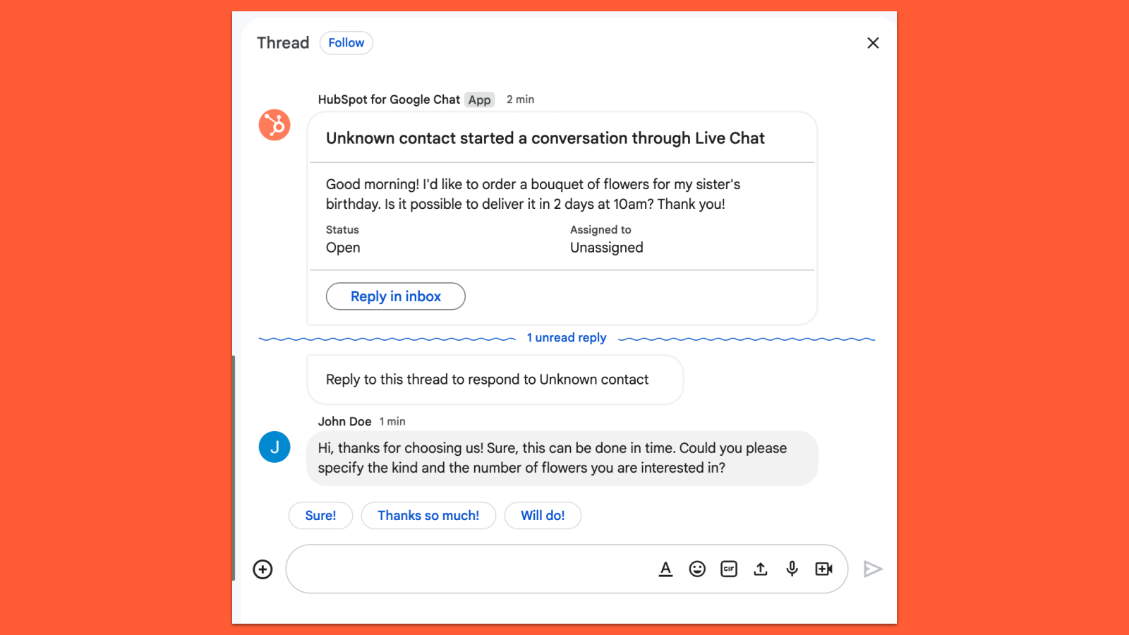 Reply to live chat messages directly from Google Chat