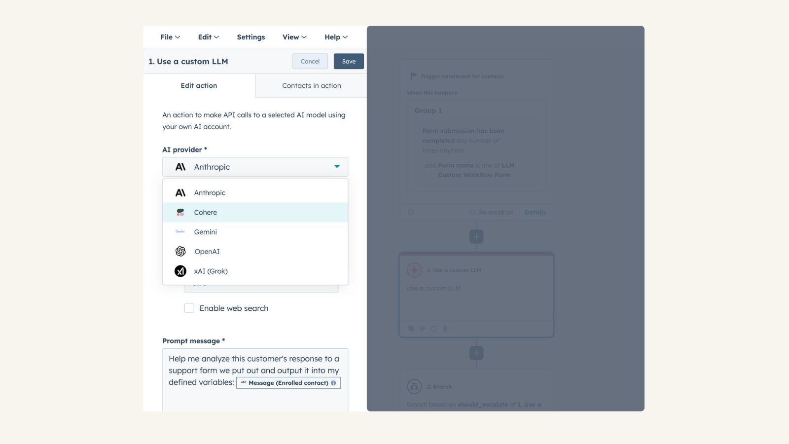 Connect your Cohere account to Use Custom LLM workflow action