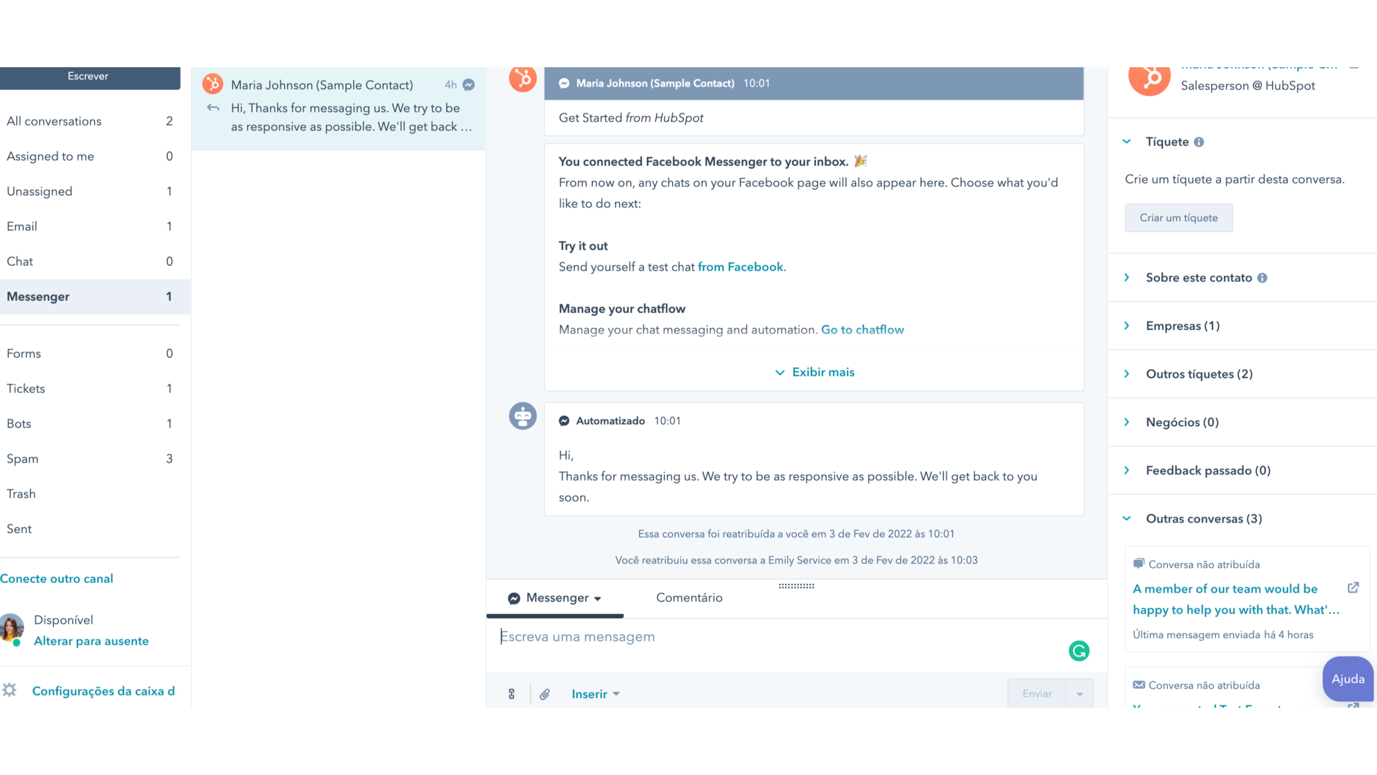 Gerenciar as interações do Messenger nas conversas do HubSpot