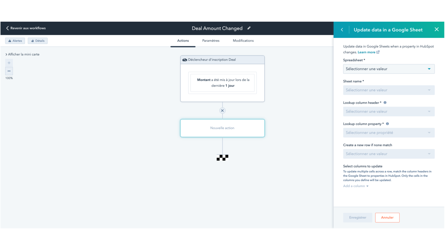 Associez des propriétés HubSpot à des colonnes de feuille de calcul