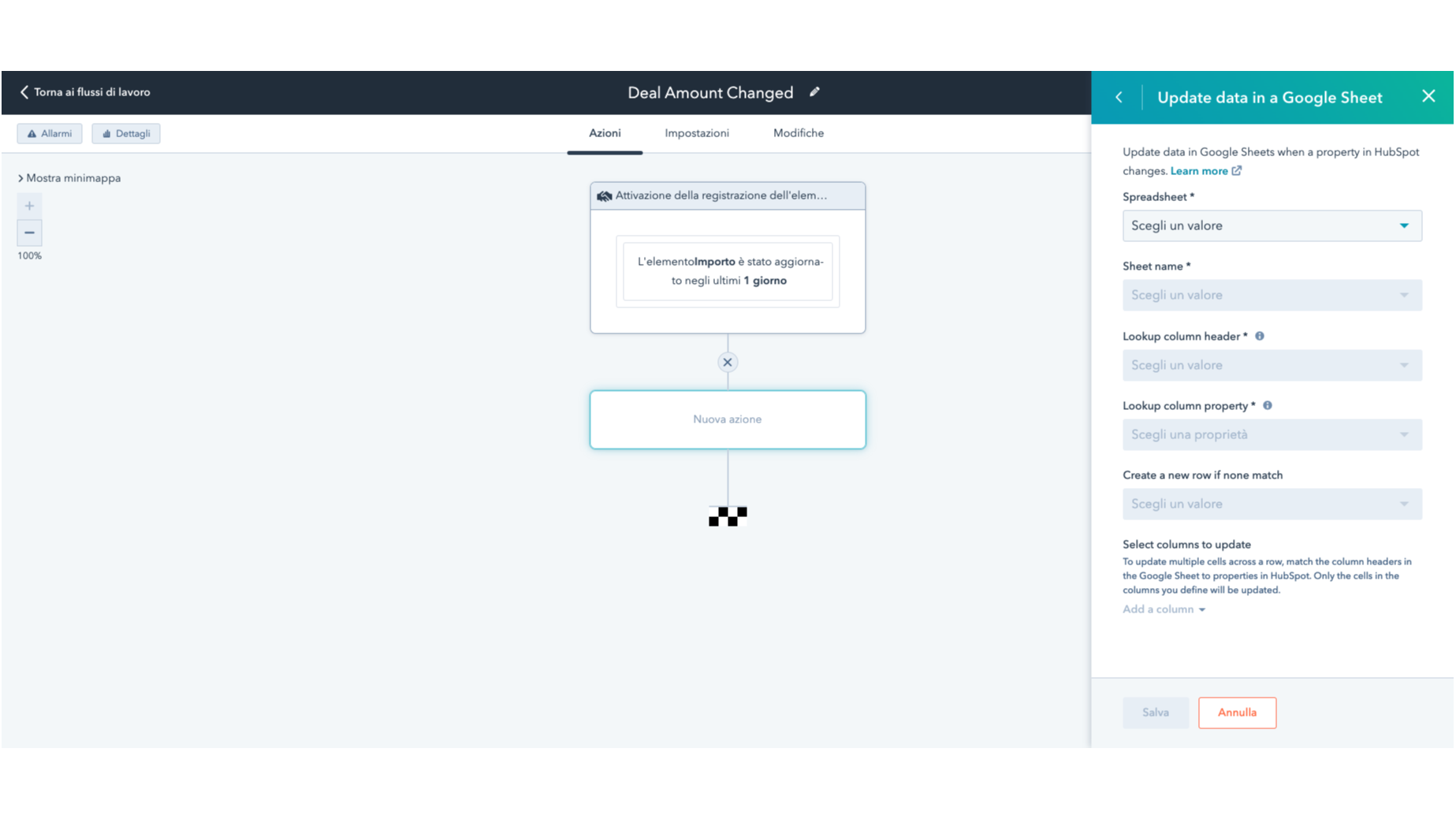 Mappa le proprietà HubSpot nelle colonne del foglio di calcolo