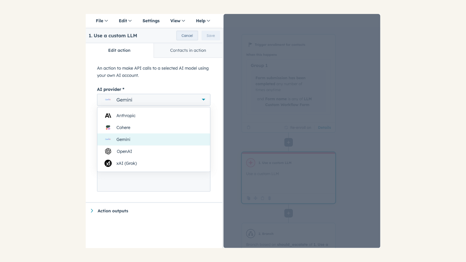 Connect your Gemini account to Use Custom LLM workflow action