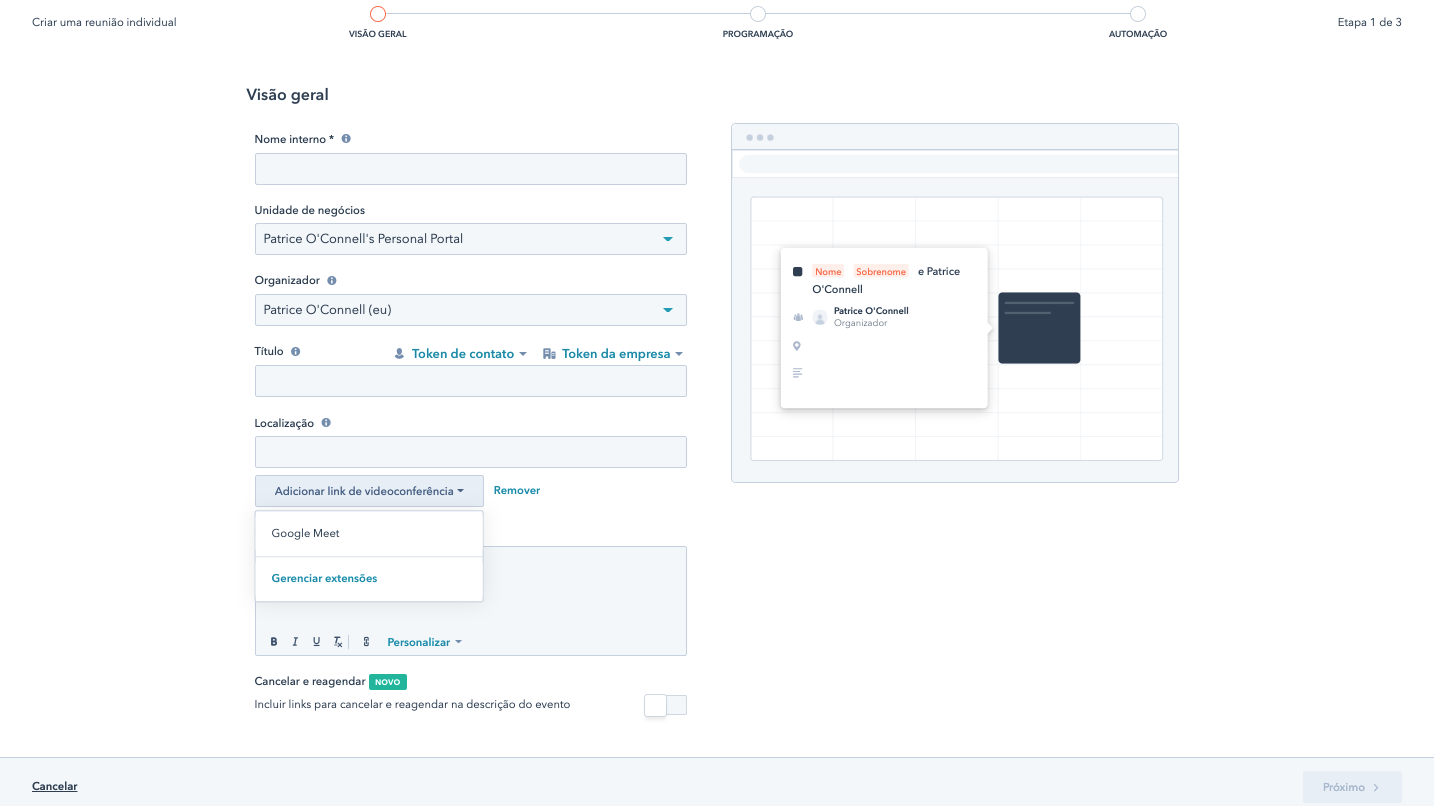 Configurar as reuniões do Google Meet no HubSpot