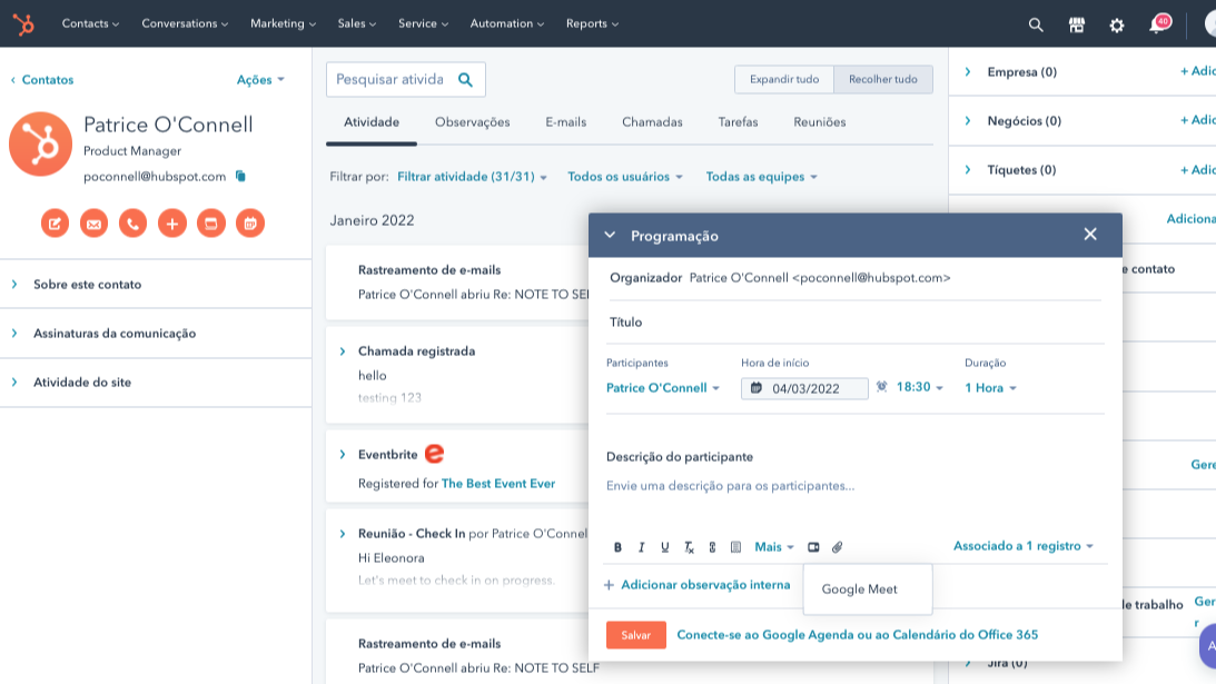 Criar um link de reunião para o Google Meet no HubSpot