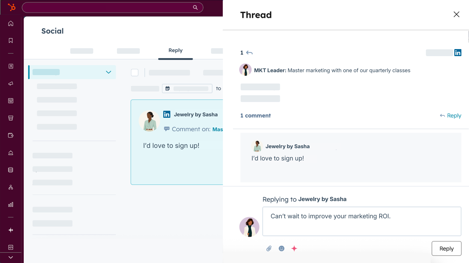 Reply to LinkedIn comments from HubSpot's unified social inbox