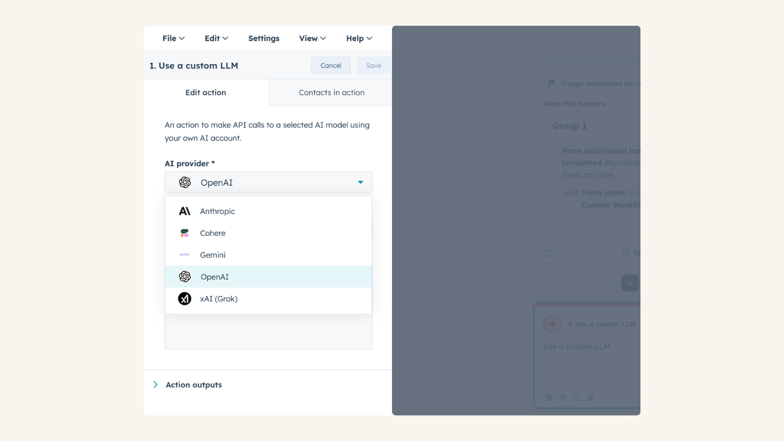 Connect your OpenAI account to Use Custom LLM workflow action