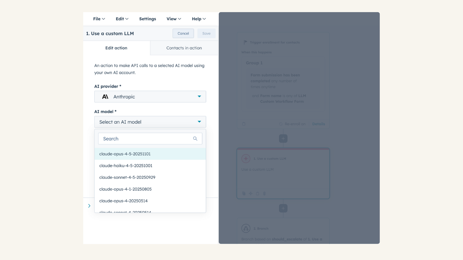 Connect your Anthropic account to Use Custom LLM workflow action
