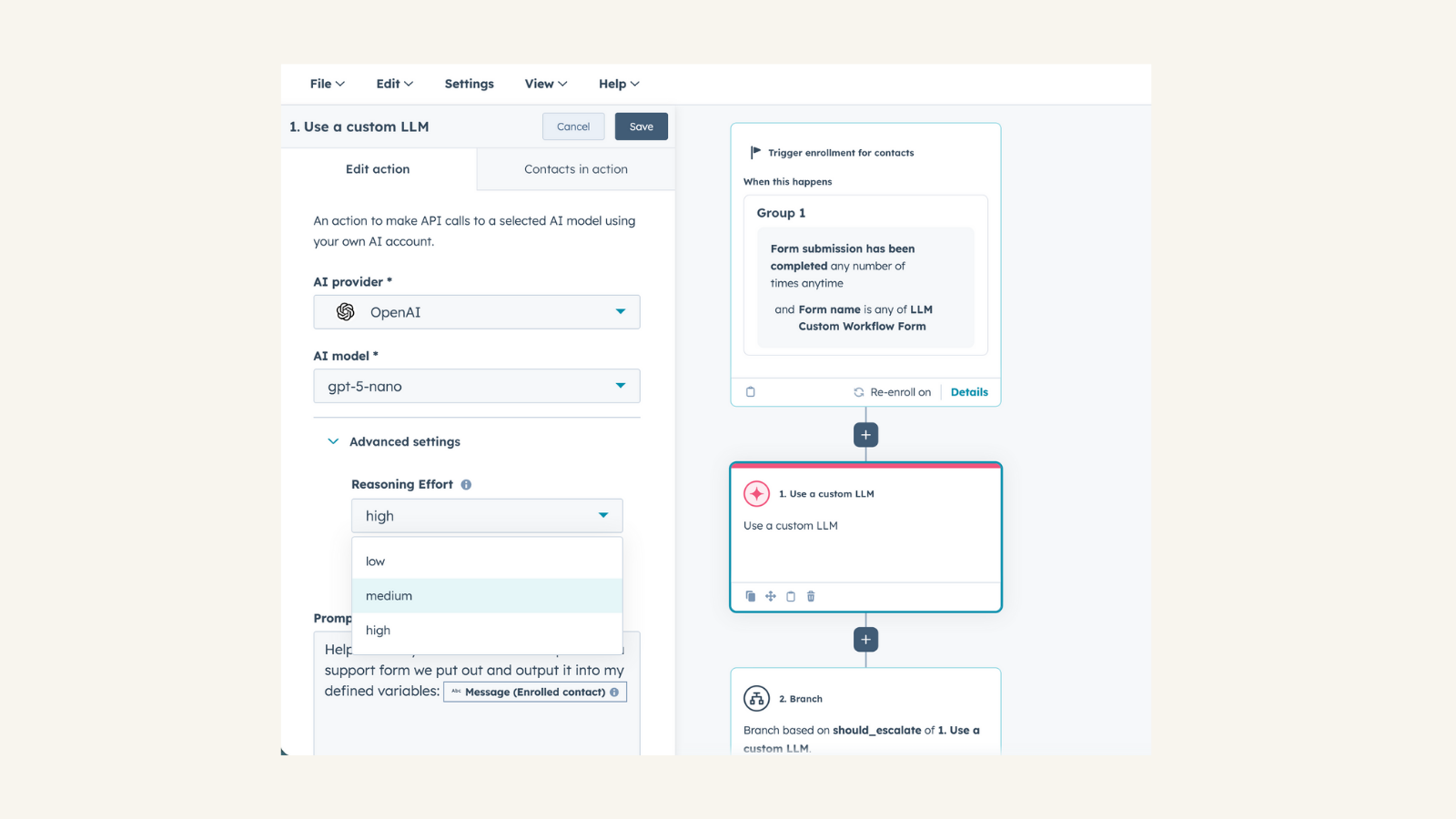 screenshot of OpenAI reasoning options