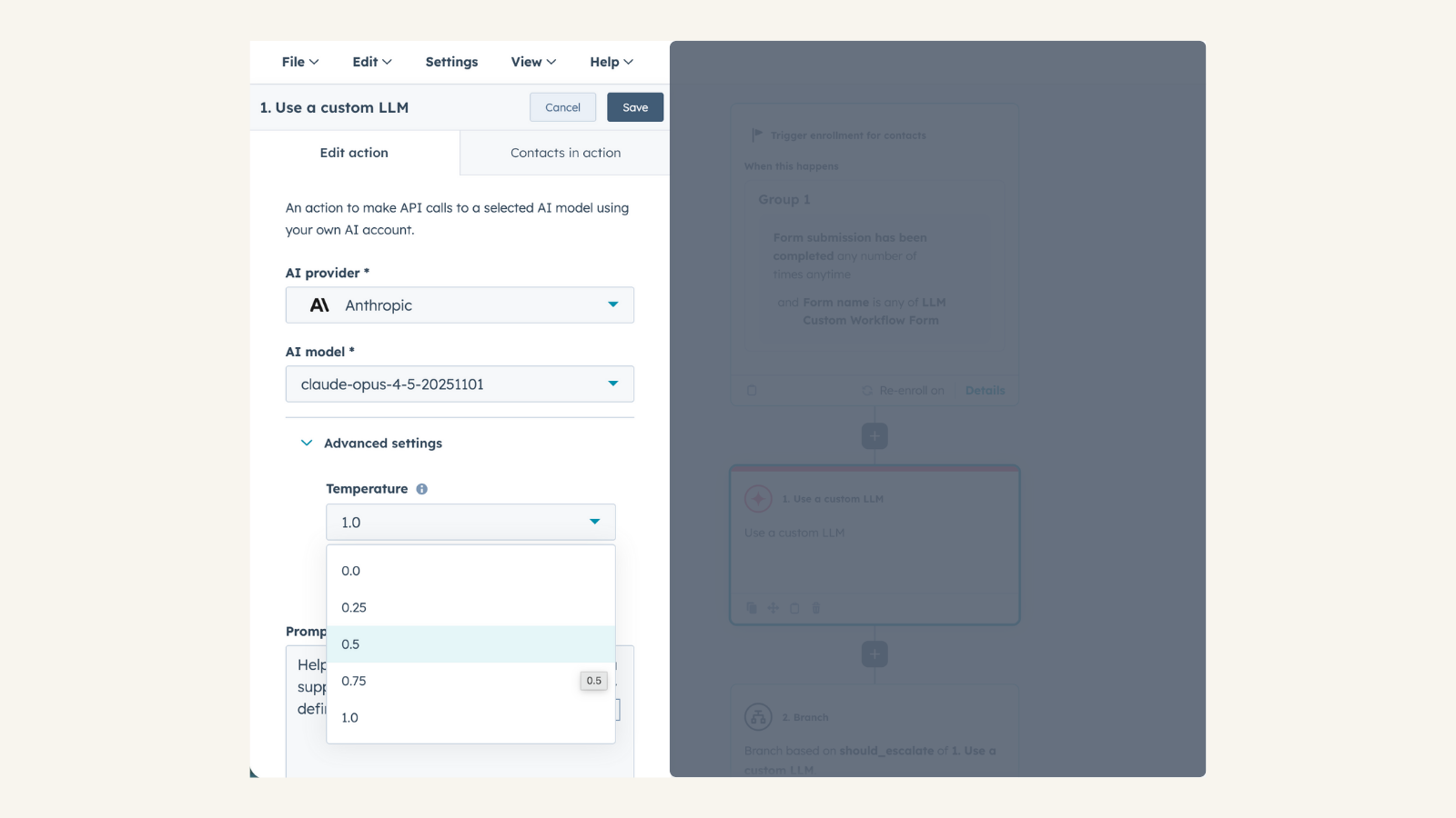 Control the model and temperature