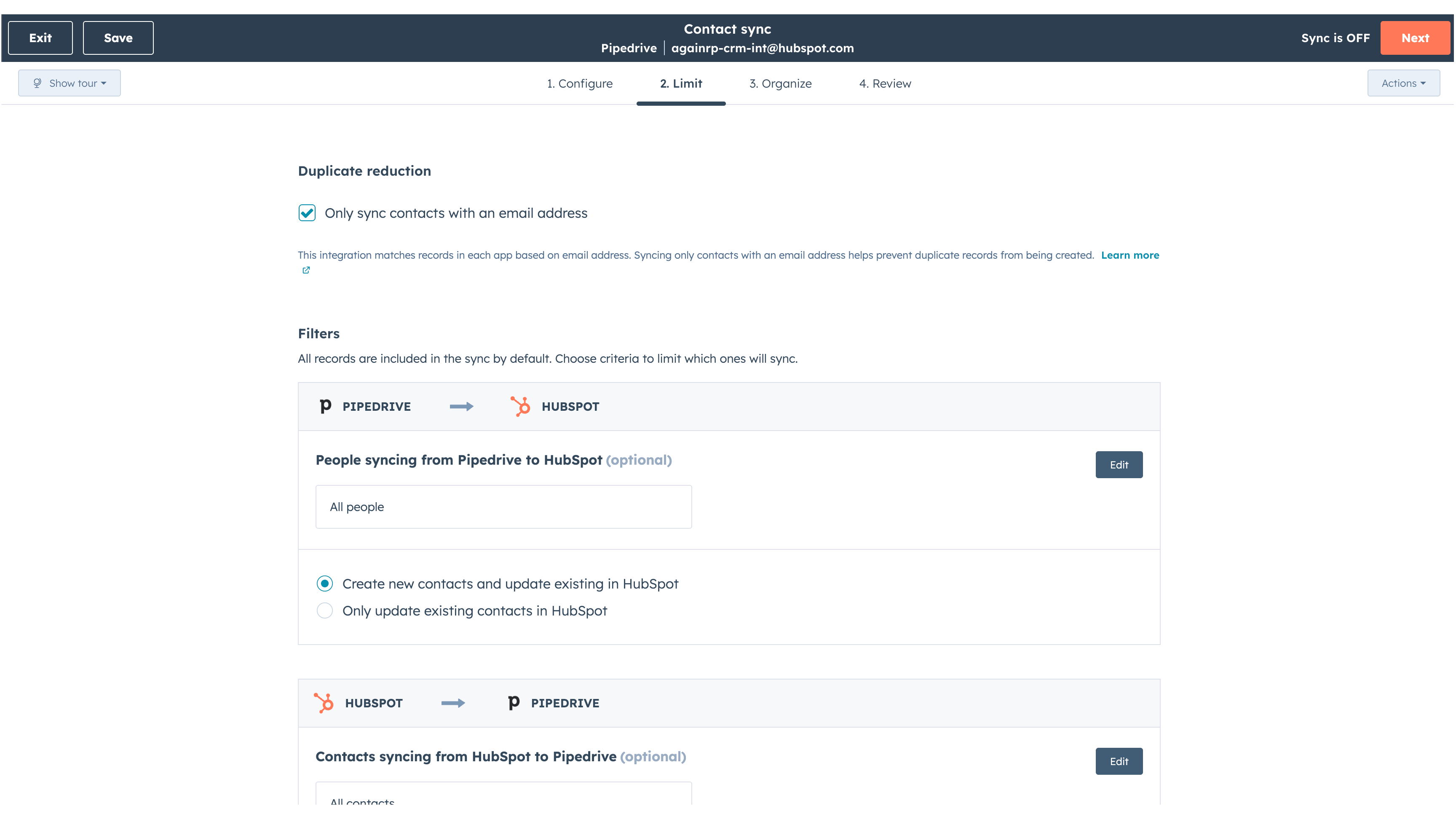 Contact sync settings