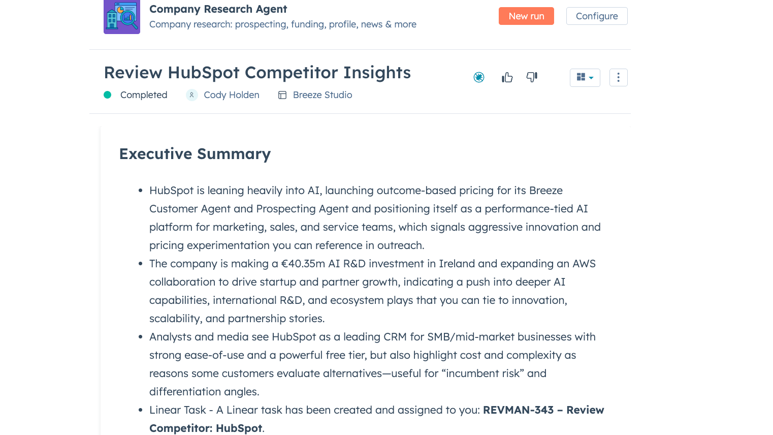 Linear Connected to Company Research Agent