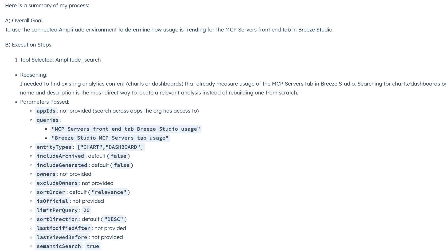 Breeze Studio agent querying Amplitude product analytics data using natural language