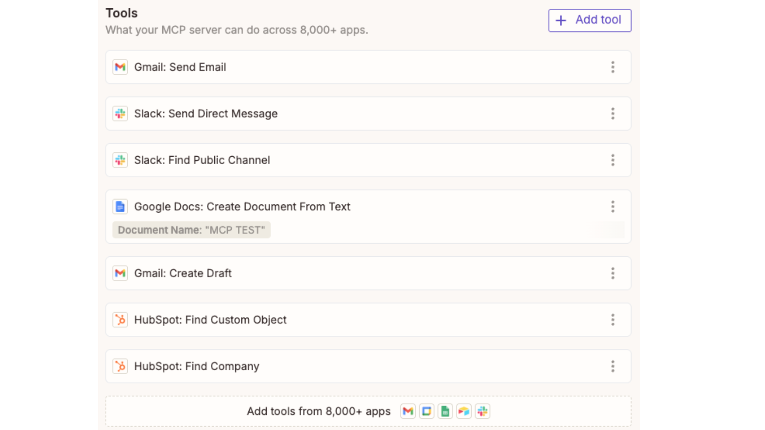Suite of Tools in a Configured Zapier MCP Server
