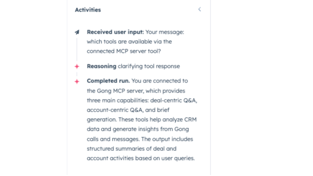 Breeze agent asking a natural-language question about a CRM account using Gong call insights