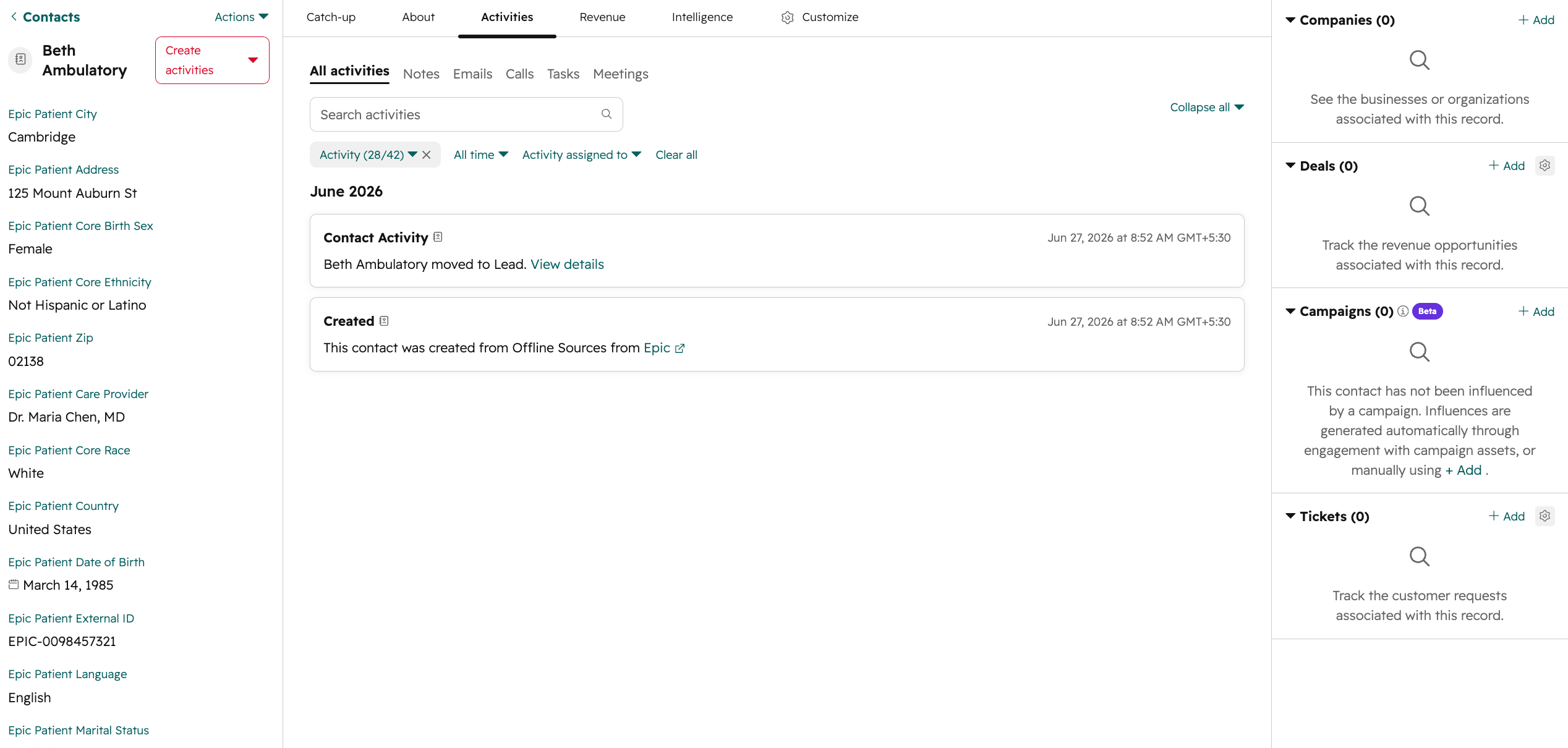 HubSpot contact record showing Epic patient properties: address, date of birth, patient ID, and care provider