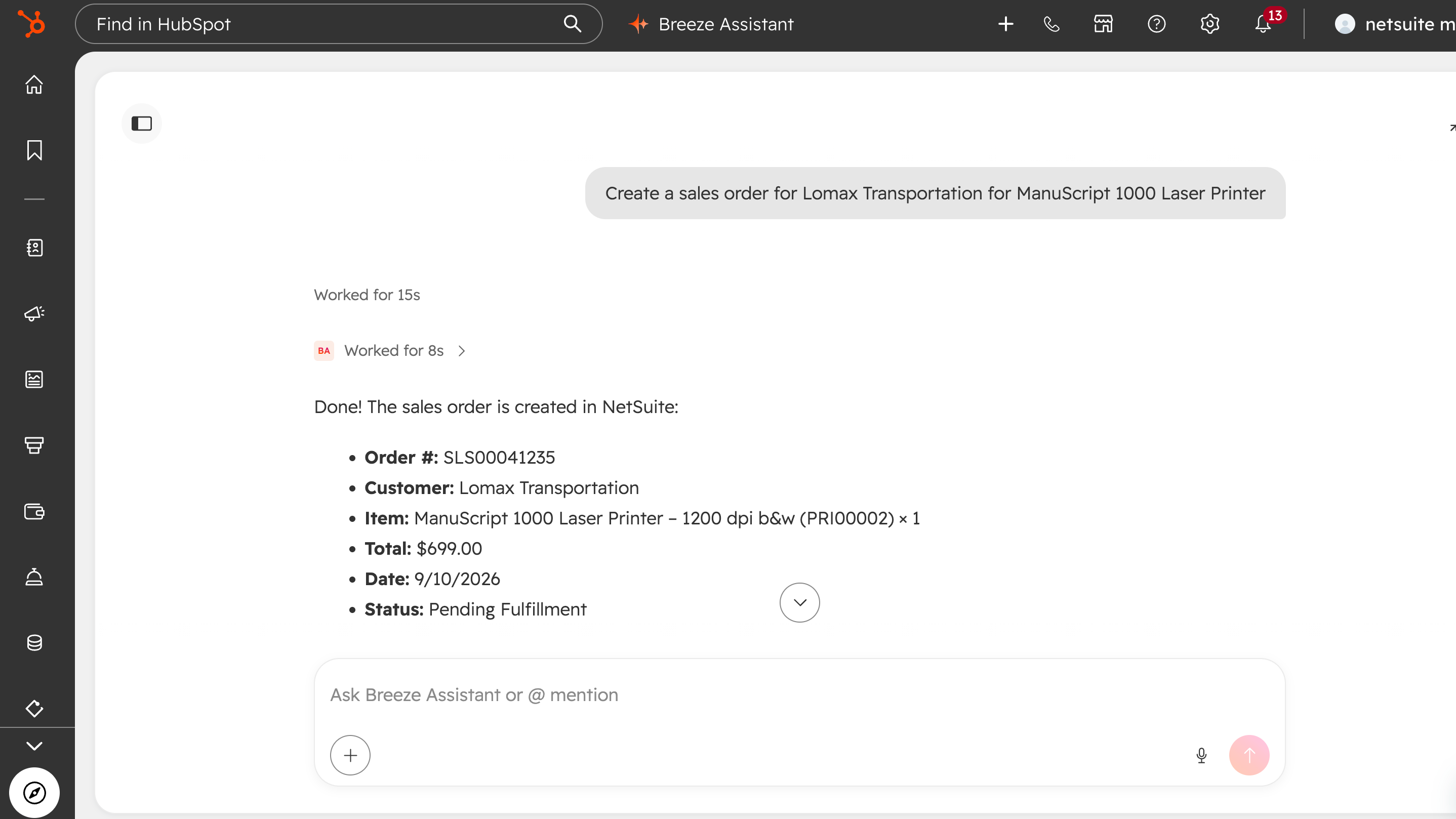 Breeze Assistant – Skapa försäljningsorder i NetSuite