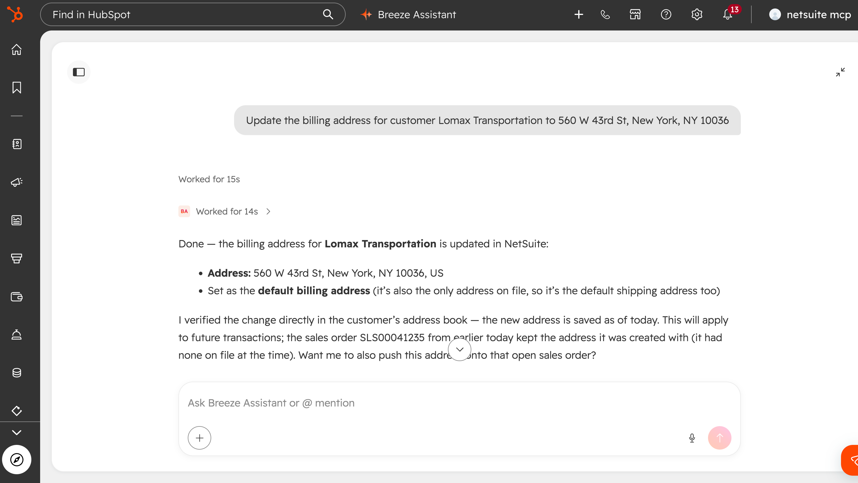 Breeze Assistant uppdaterar faktureringsadressen i Netsuite