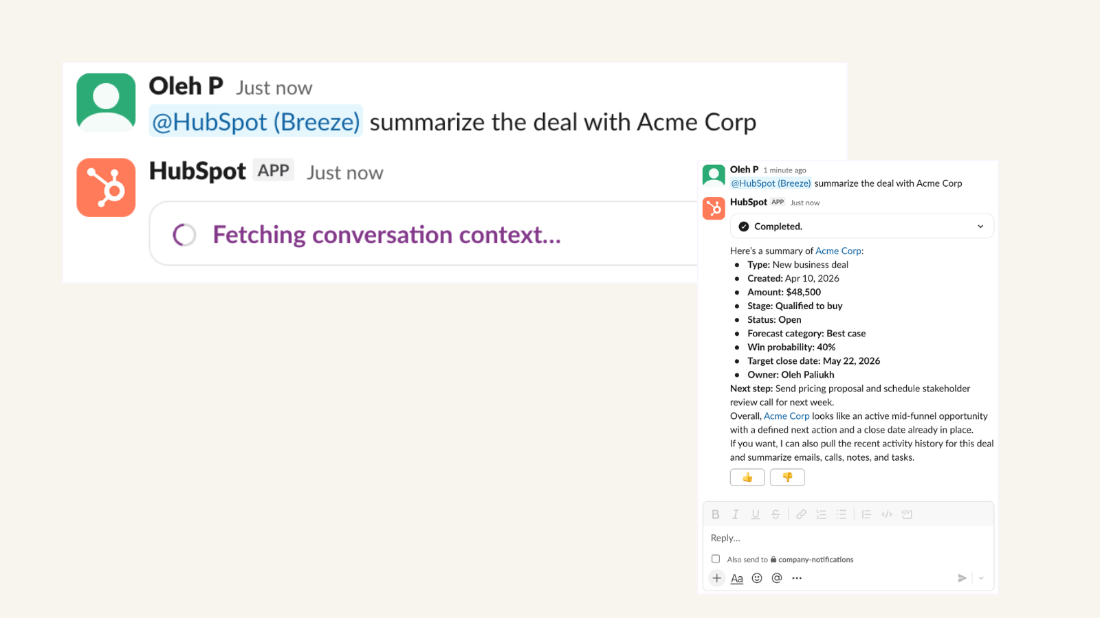 screenshot of Breeze summarizing deal in Slack