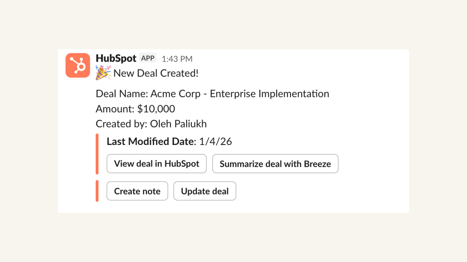 example of sending slack notification from HubSpot workflow