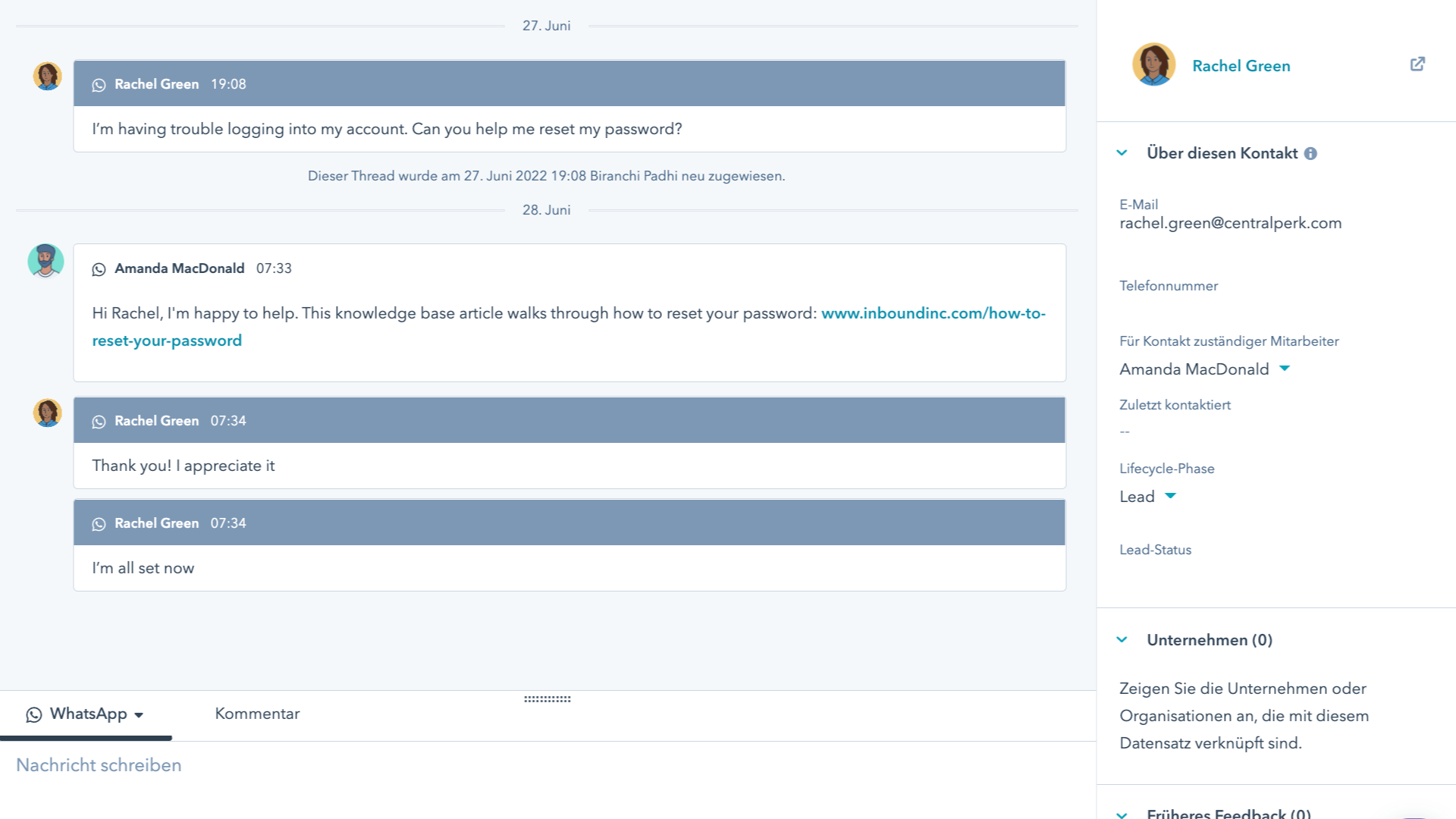 Verwalten Sie WhatsApp-Unterhaltungen über das gemeinsame Postfach von HubSpot