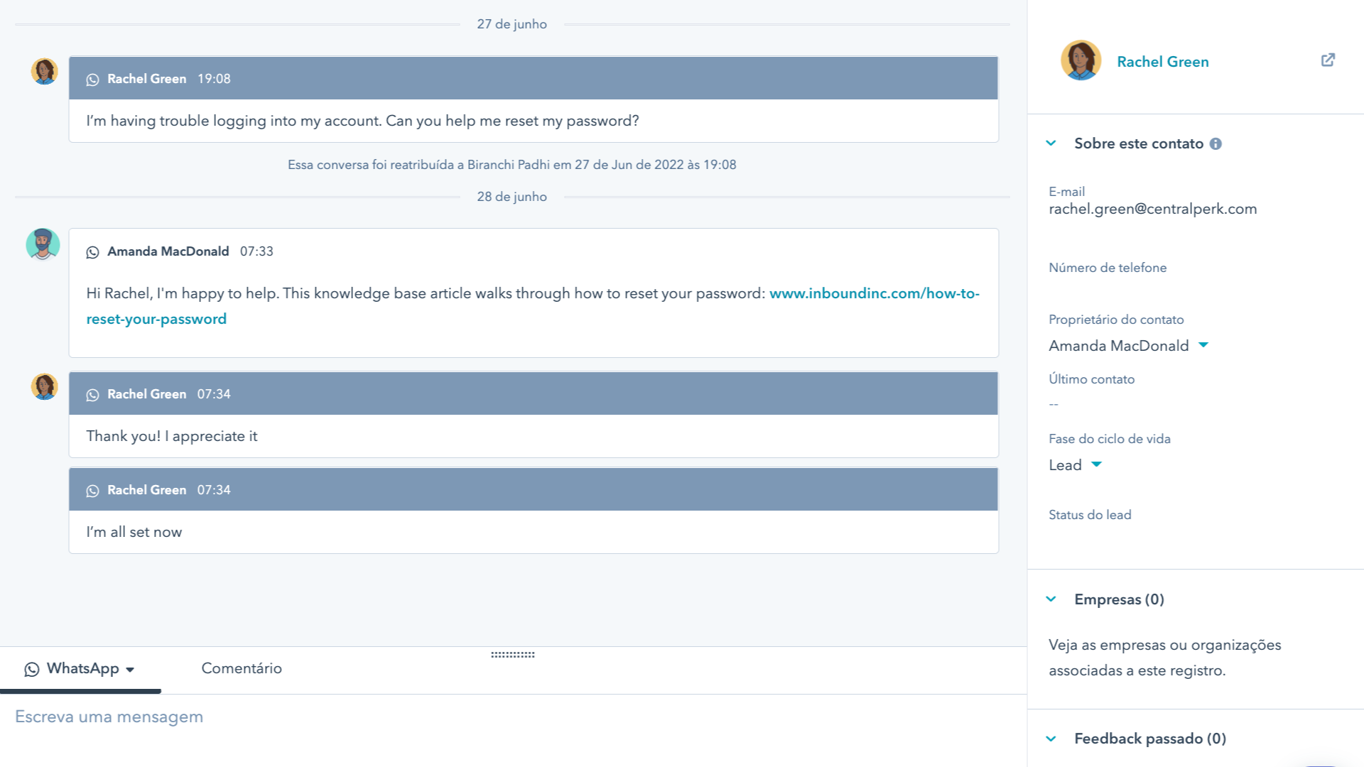 Gerencie as conversas do WhatsApp diretamente da caixa de entrada compartilhada da HubSpot.