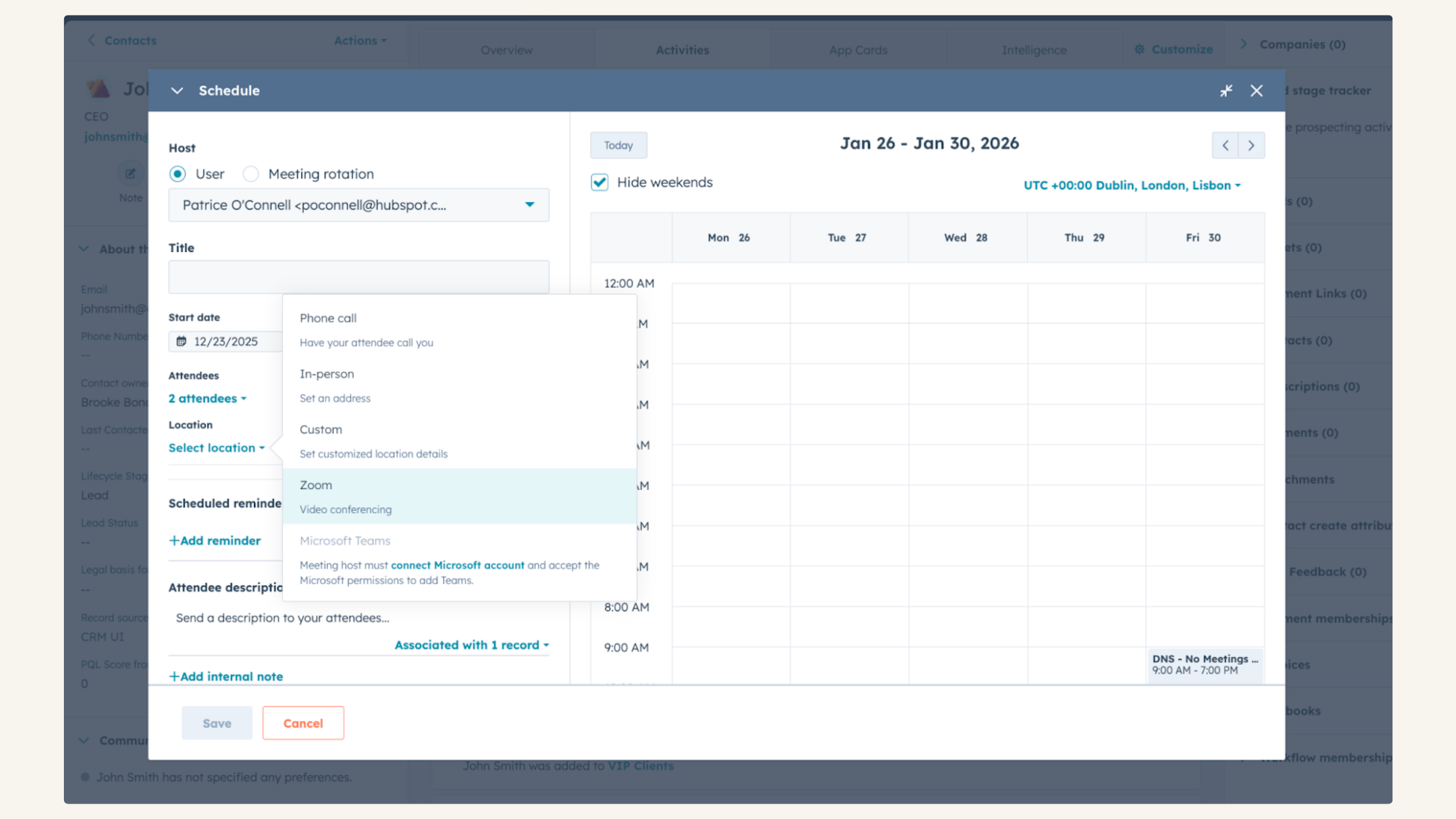 screenshot of HubSpot meetings