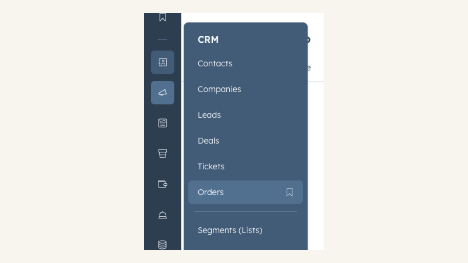 screenshot of navigation menu where orders can be found