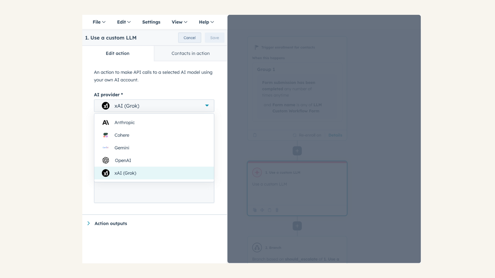Connect your xAI account to Use Custom LLM workflow action
